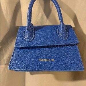 FASHION & YM Blue Satchel Top Handle Bag Magnetic Zip Gold Hardware Women’s